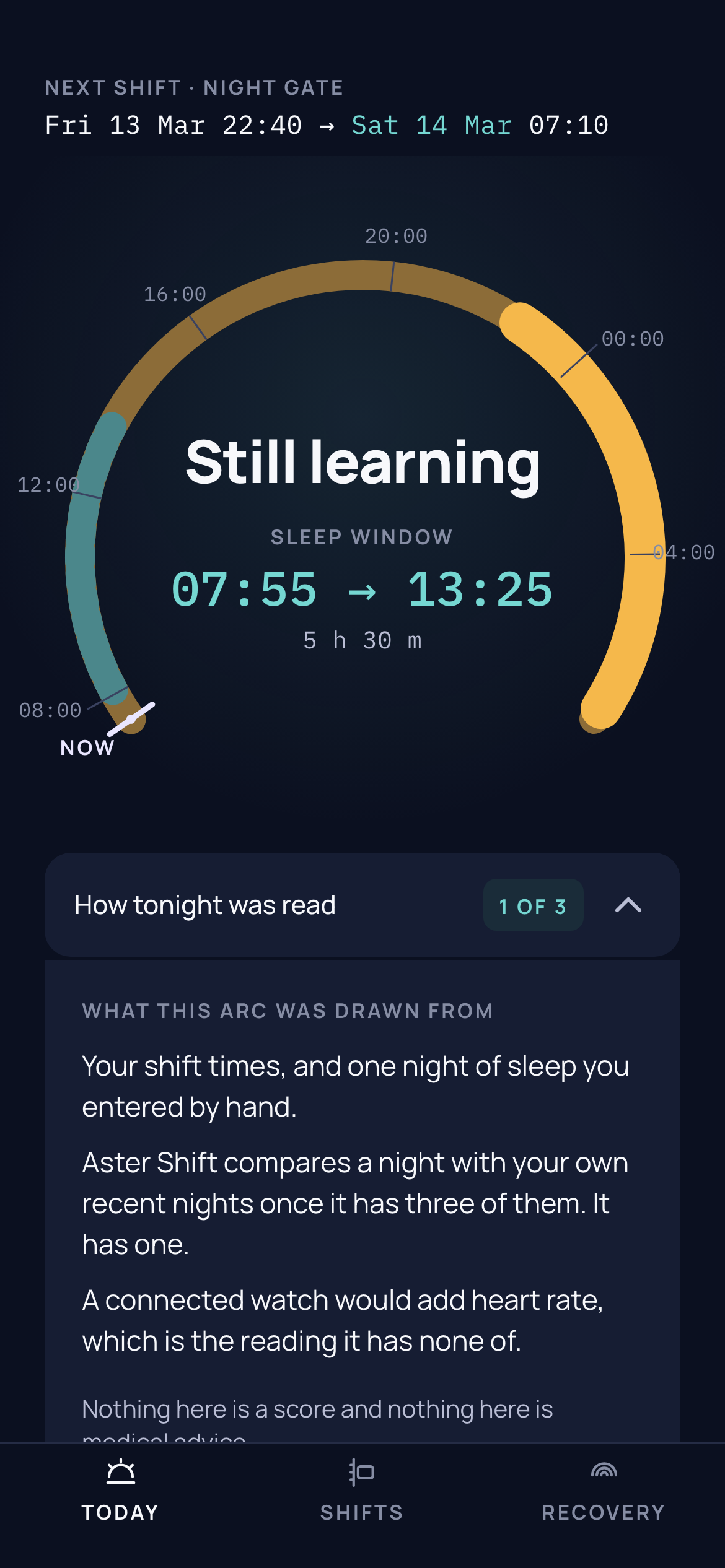 Today with one night of data. The arc still draws with its sleep segment at reduced confidence, the two-word state reads Still learning, and the expanded qualifying row carries a cyan 1 OF 3 chip above the lines explaining what the arc was drawn from.