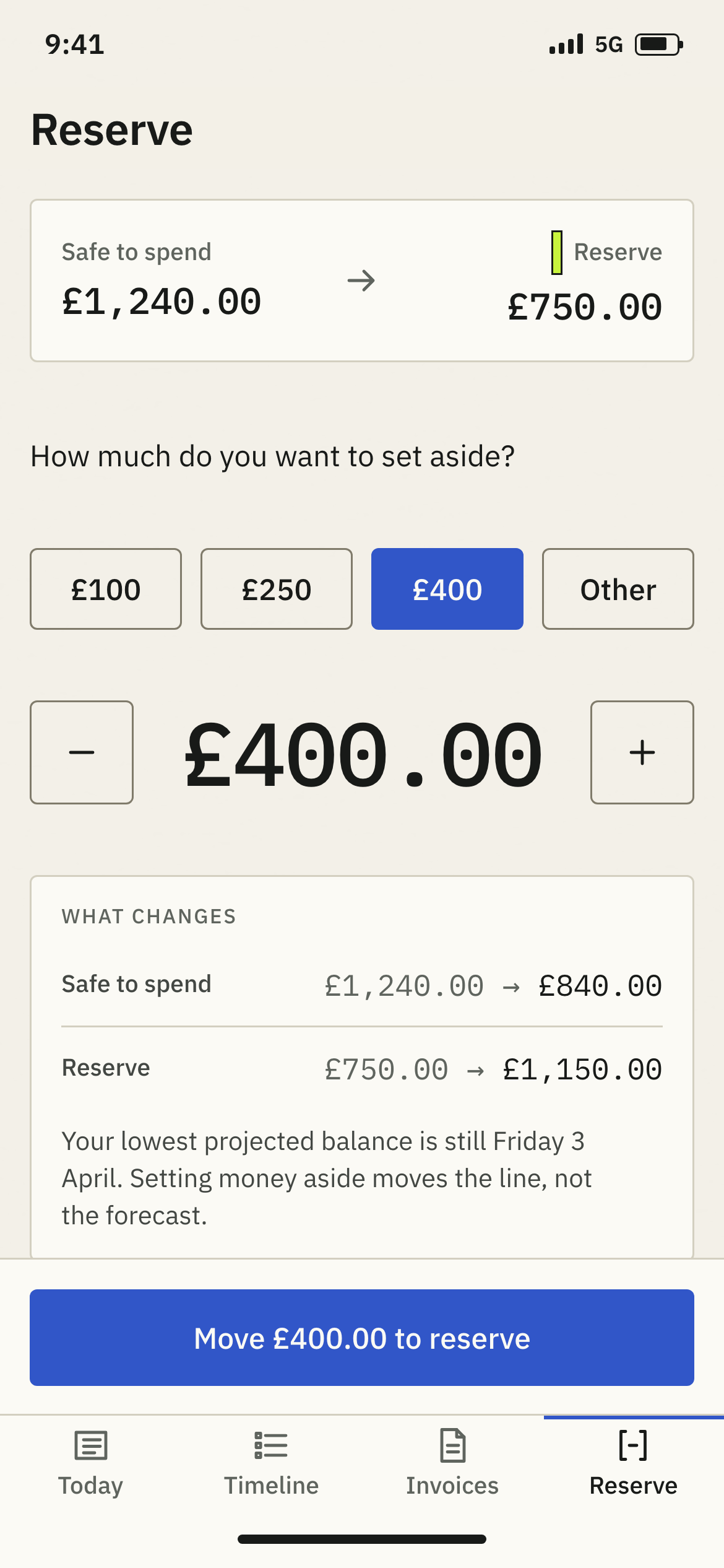 Rill's Reserve screen: safe to spend £1,240.00 and reserve £750.00 either side of an arrow, four preset chips with £400 selected, a stepper reading £400.00, a WHAT CHANGES panel with before and after rows, and a primary reading Move £400.00 to reserve.